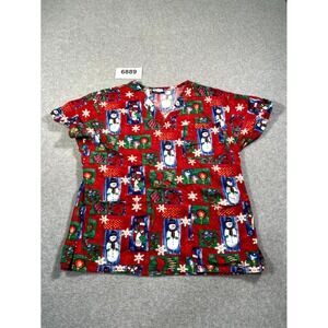 Comfy Cotton Scrub Top Womens Medium Red Snowman Santa Christmas Medical Nursing